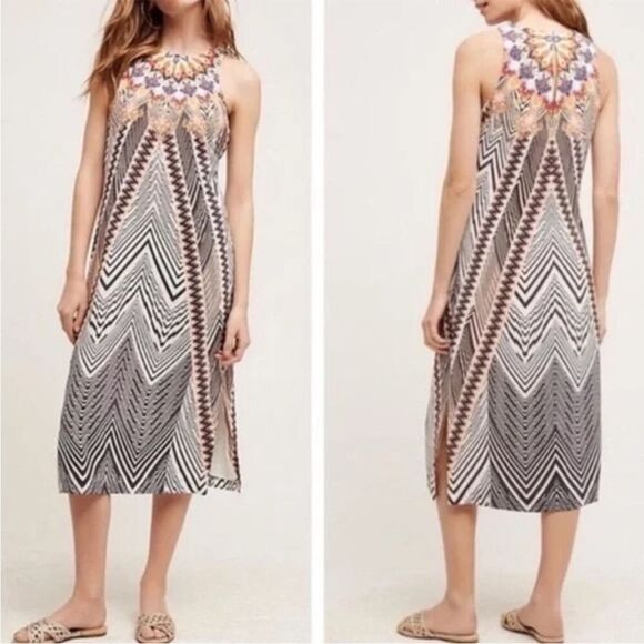 Anthropologie HD in Paris Solstice Printed 100% Silk Sleeveless Midi Shift Dress - Picture 2 of 14